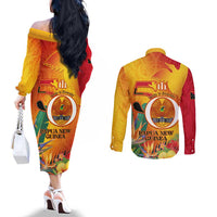 Papua New Guinea Independence Day Couples Matching Off The Shoulder Long Sleeve Dress and Long Sleeve Button Shirt 50th Anniversary Unity in Diversity LT14 - Polynesian Pride