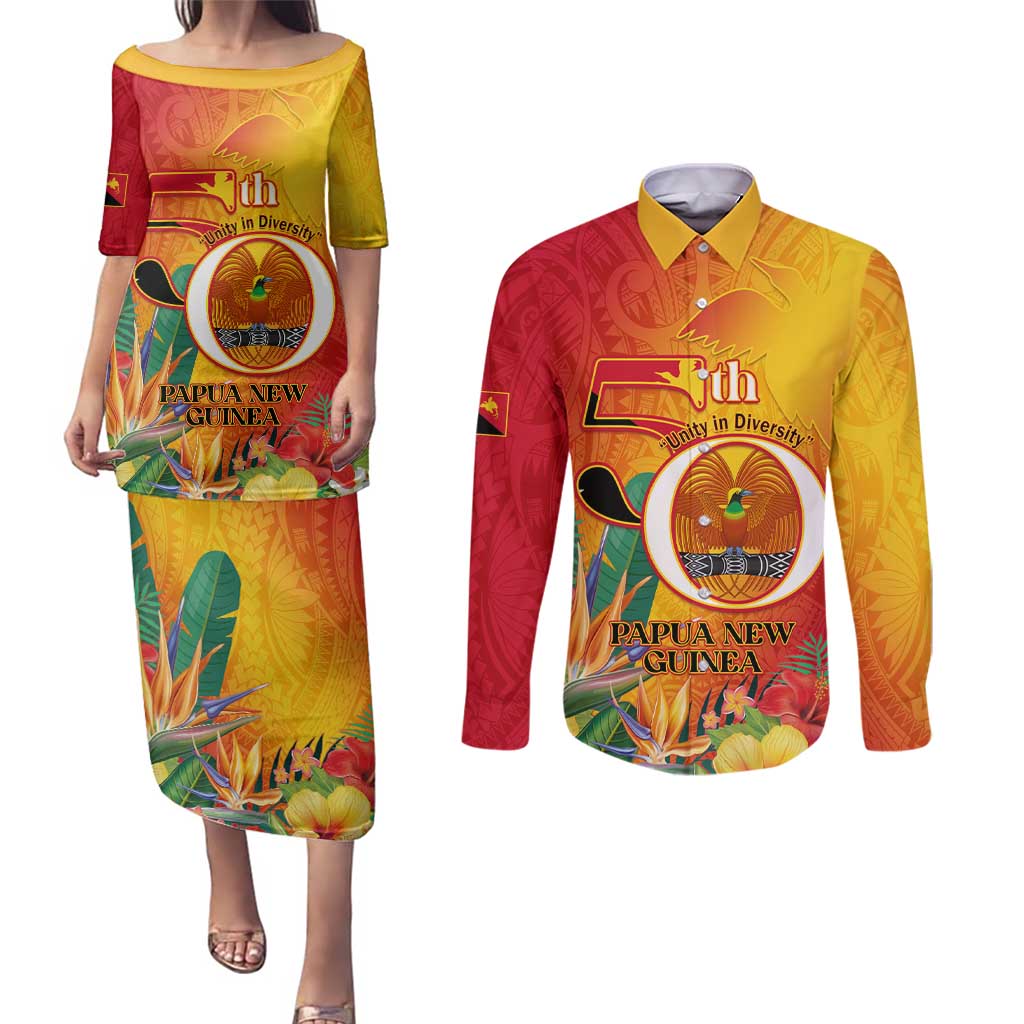 Papua New Guinea Independence Day Couples Matching Puletasi and Long Sleeve Button Shirt 50th Anniversary Unity in Diversity