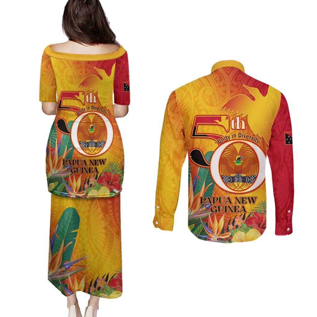 Papua New Guinea Independence Day Couples Matching Puletasi and Long Sleeve Button Shirt 50th Anniversary Unity in Diversity