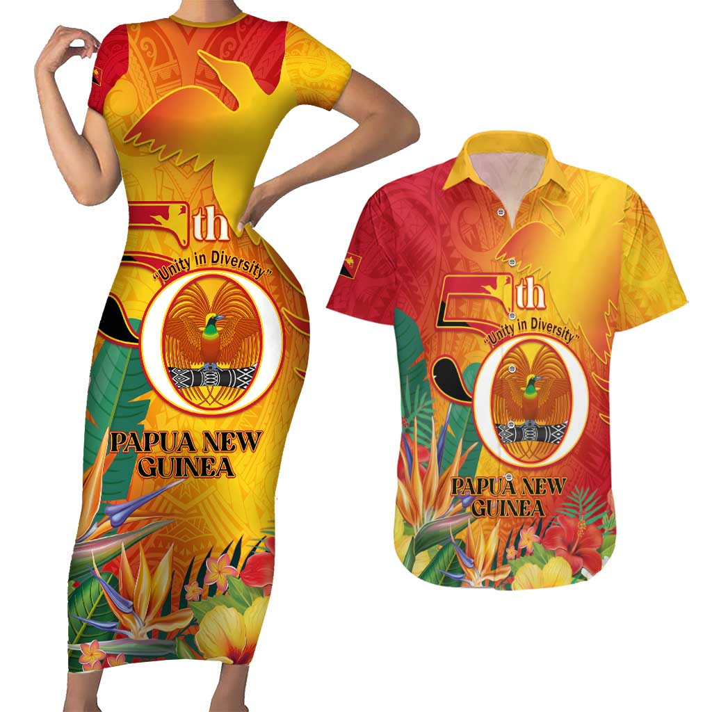 Papua New Guinea Independence Day Couples Matching Short Sleeve Bodycon Dress and Hawaiian Shirt 50th Anniversary Unity in Diversity LT14 Red - Polynesian Pride