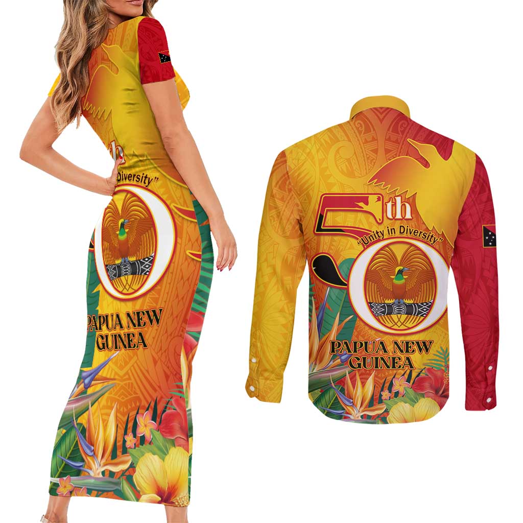 Papua New Guinea Independence Day Couples Matching Short Sleeve Bodycon Dress and Long Sleeve Button Shirt 50th Anniversary Unity in Diversity LT14 - Polynesian Pride