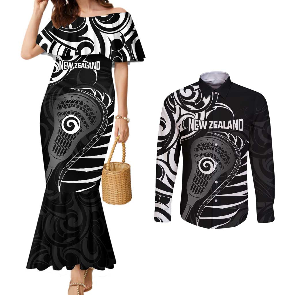 Personalised New Zealand Silver Fern Lacrosse Couples Matching Mermaid Dress and Long Sleeve Button Shirt Aotearoa Maori Pattern