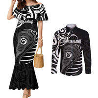 Personalised New Zealand Silver Fern Lacrosse Couples Matching Mermaid Dress and Long Sleeve Button Shirt Aotearoa Maori Pattern