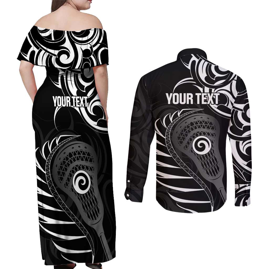 Personalised New Zealand Silver Fern Lacrosse Couples Matching Off Shoulder Maxi Dress and Long Sleeve Button Shirt Aotearoa Maori Pattern LT14 - Polynesian Pride