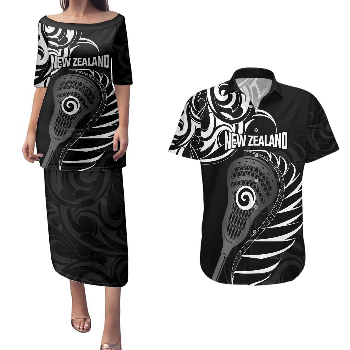 Personalised New Zealand Silver Fern Lacrosse Couples Matching Puletasi and Hawaiian Shirt Aotearoa Maori Pattern LT14 Black - Polynesian Pride
