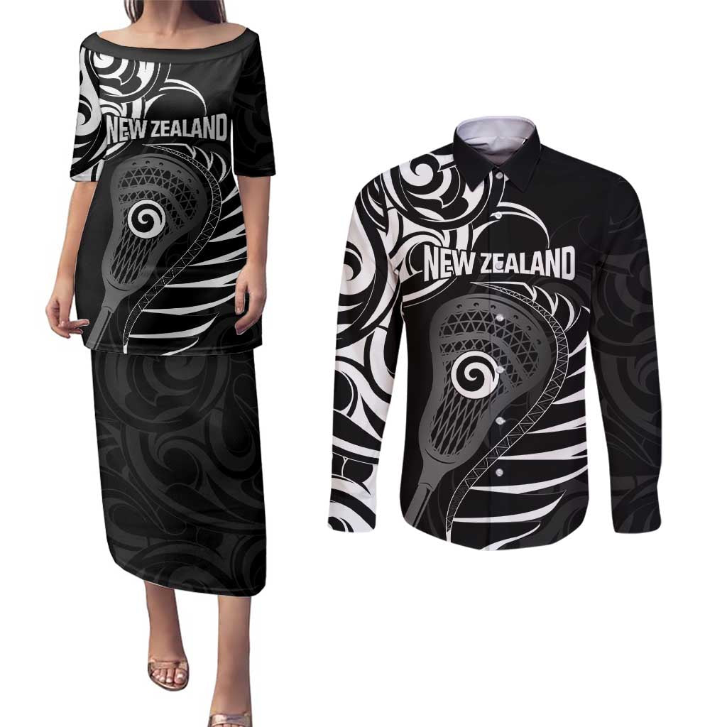 Personalised New Zealand Silver Fern Lacrosse Couples Matching Puletasi and Long Sleeve Button Shirt Aotearoa Maori Pattern