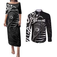 Personalised New Zealand Silver Fern Lacrosse Couples Matching Puletasi and Long Sleeve Button Shirt Aotearoa Maori Pattern
