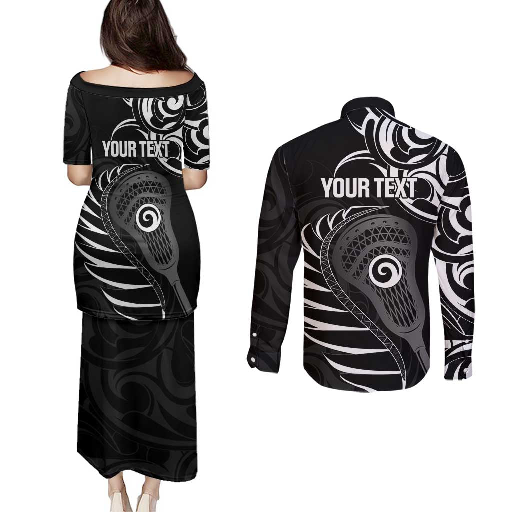 Personalised New Zealand Silver Fern Lacrosse Couples Matching Puletasi and Long Sleeve Button Shirt Aotearoa Maori Pattern