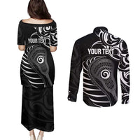 Personalised New Zealand Silver Fern Lacrosse Couples Matching Puletasi and Long Sleeve Button Shirt Aotearoa Maori Pattern