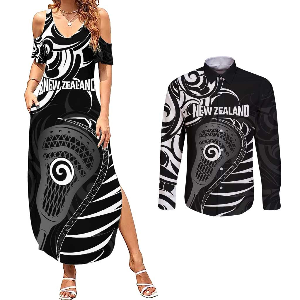 Personalised New Zealand Silver Fern Lacrosse Couples Matching Summer Maxi Dress and Long Sleeve Button Shirt Aotearoa Maori Pattern