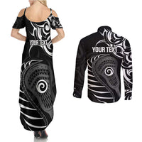 Personalised New Zealand Silver Fern Lacrosse Couples Matching Summer Maxi Dress and Long Sleeve Button Shirt Aotearoa Maori Pattern