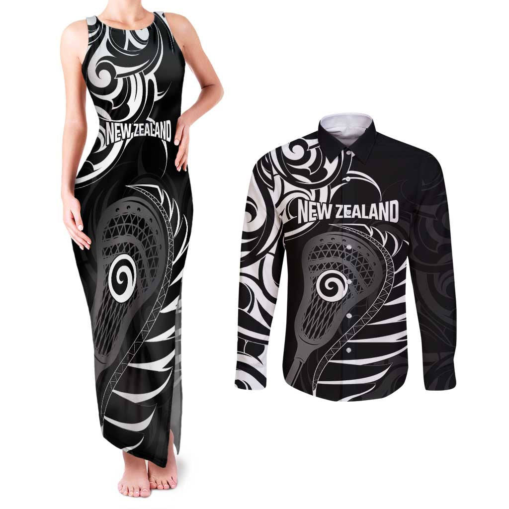 Personalised New Zealand Silver Fern Lacrosse Couples Matching Tank Maxi Dress and Long Sleeve Button Shirt Aotearoa Maori Pattern