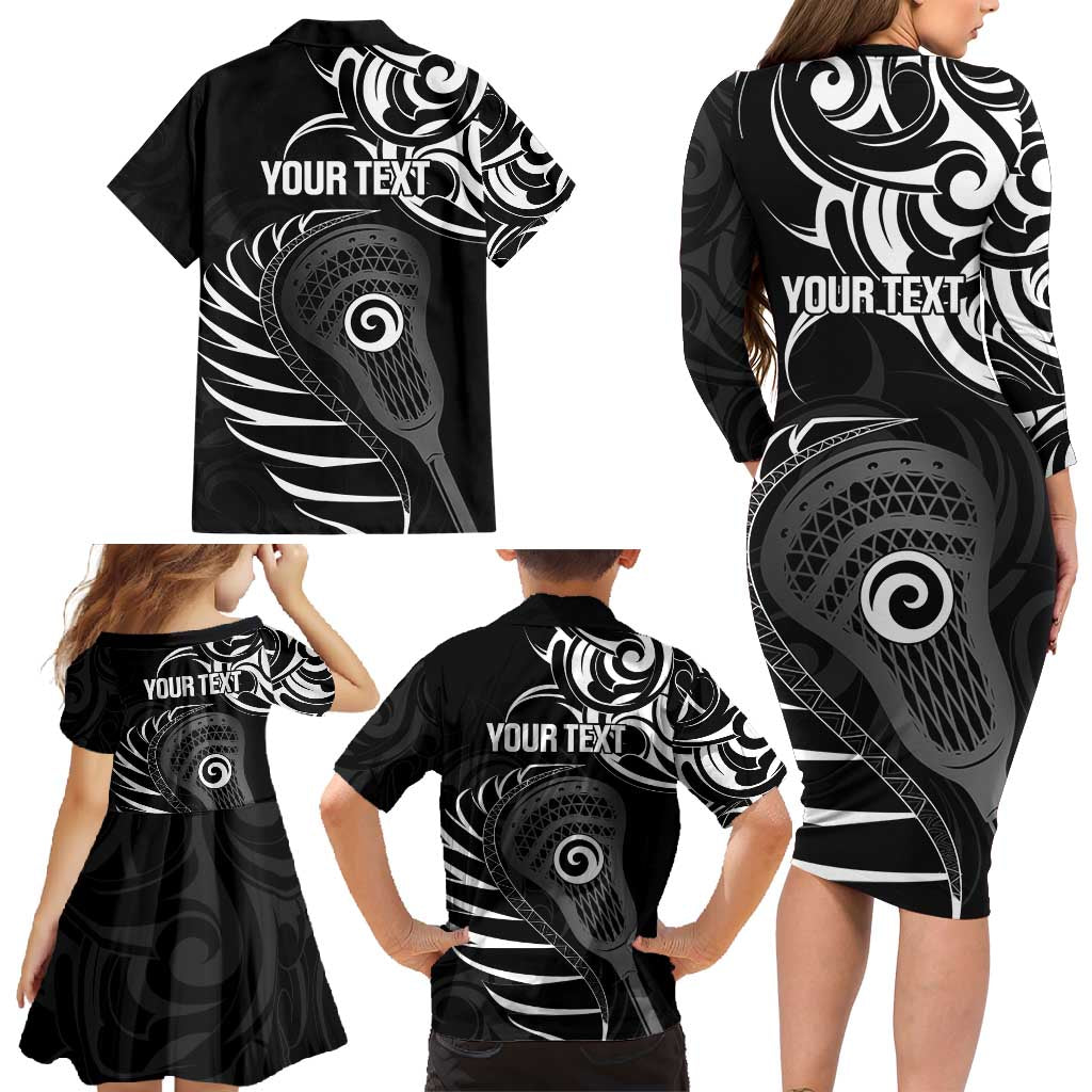 Personalised New Zealand Silver Fern Lacrosse Family Matching Long Sleeve Bodycon Dress and Hawaiian Shirt Aotearoa Maori Pattern