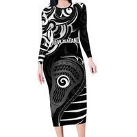 Personalised New Zealand Silver Fern Lacrosse Family Matching Long Sleeve Bodycon Dress and Hawaiian Shirt Aotearoa Maori Pattern