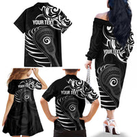 Personalised New Zealand Silver Fern Lacrosse Family Matching Off The Shoulder Long Sleeve Dress and Hawaiian Shirt Aotearoa Maori Pattern