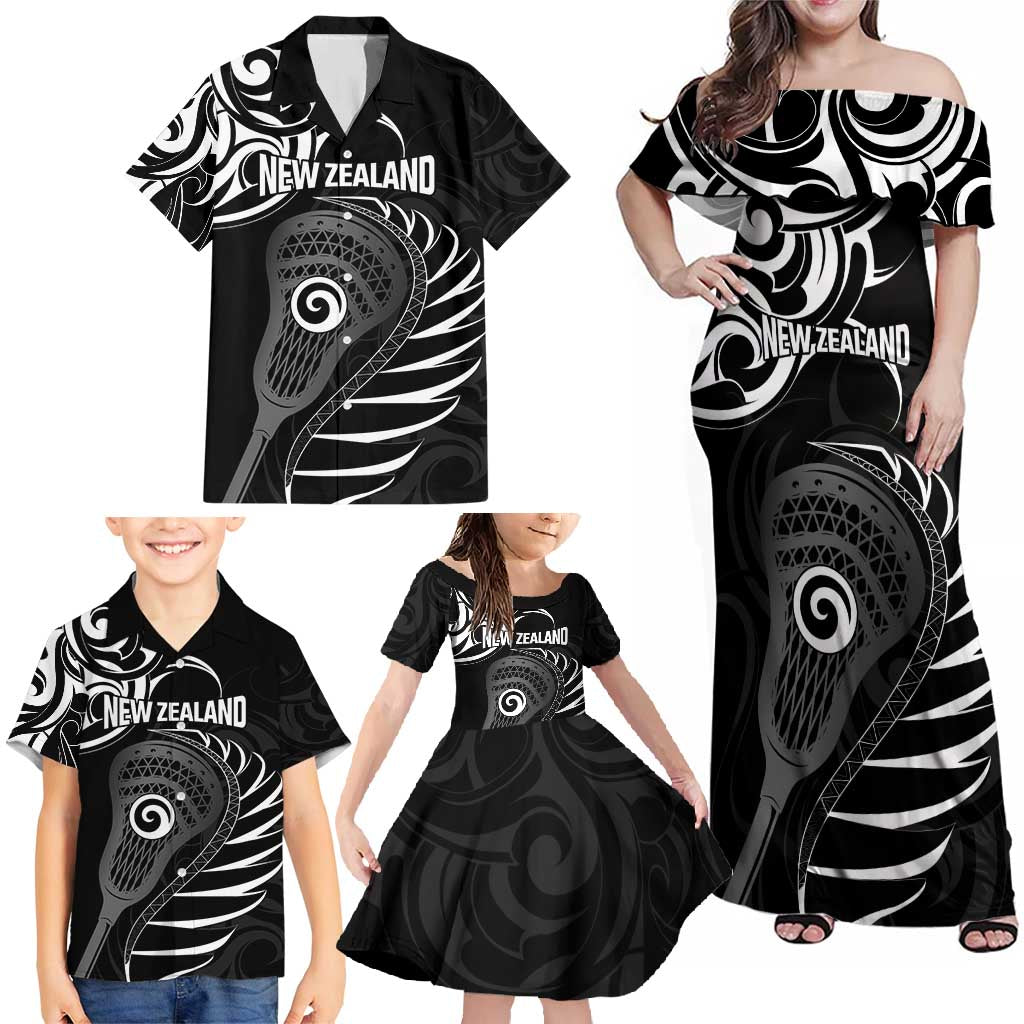 Personalised New Zealand Silver Fern Lacrosse Family Matching Off Shoulder Maxi Dress and Hawaiian Shirt Aotearoa Maori Pattern
