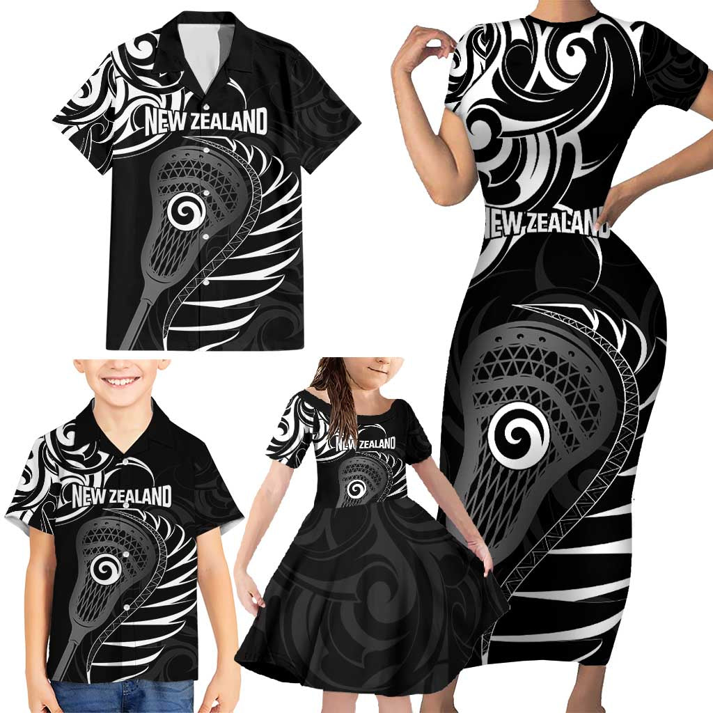Personalised New Zealand Silver Fern Lacrosse Family Matching Short Sleeve Bodycon Dress and Hawaiian Shirt Aotearoa Maori Pattern
