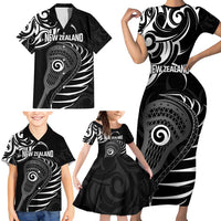 Personalised New Zealand Silver Fern Lacrosse Family Matching Short Sleeve Bodycon Dress and Hawaiian Shirt Aotearoa Maori Pattern