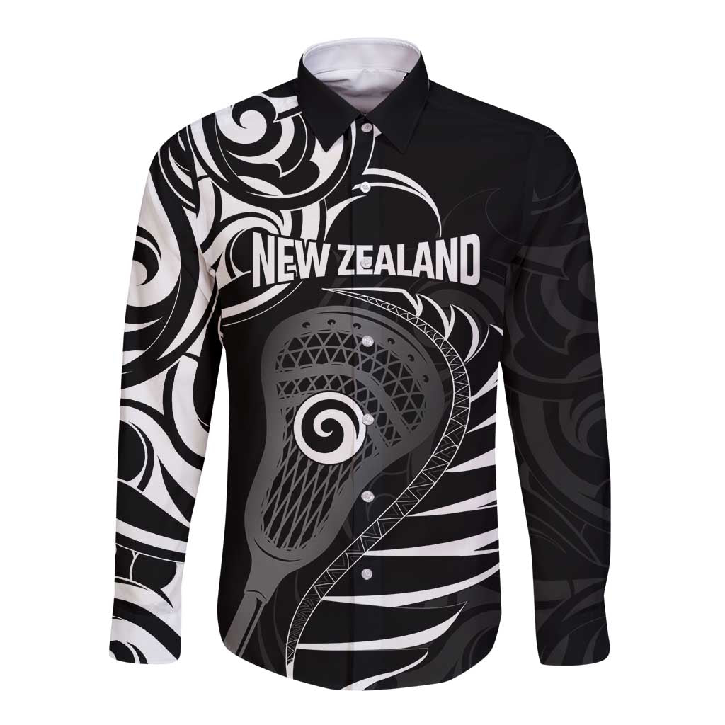 Personalised New Zealand Silver Fern Lacrosse Long Sleeve Button Shirt Aotearoa Maori Pattern LT14 Unisex Black - Polynesian Pride