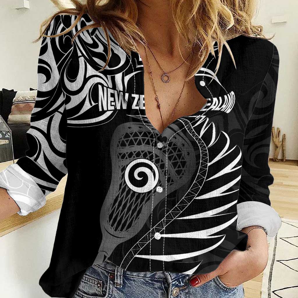 Personalised New Zealand Silver Fern Lacrosse Women Casual Shirt Aotearoa Maori Pattern LT14 Female Black - Polynesian Pride