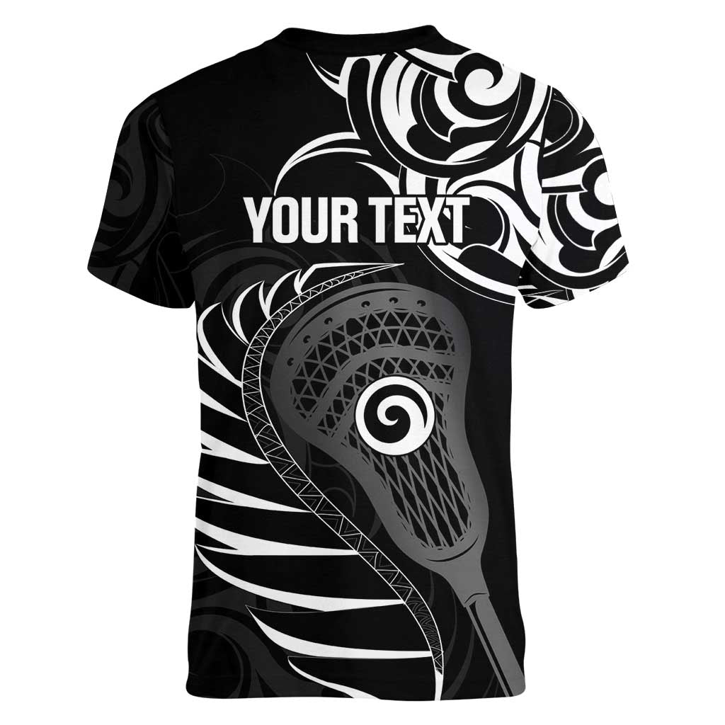 Personalised New Zealand Silver Fern Lacrosse Women V-Neck T-Shirt Aotearoa Maori Pattern