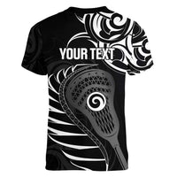 Personalised New Zealand Silver Fern Lacrosse Women V-Neck T-Shirt Aotearoa Maori Pattern