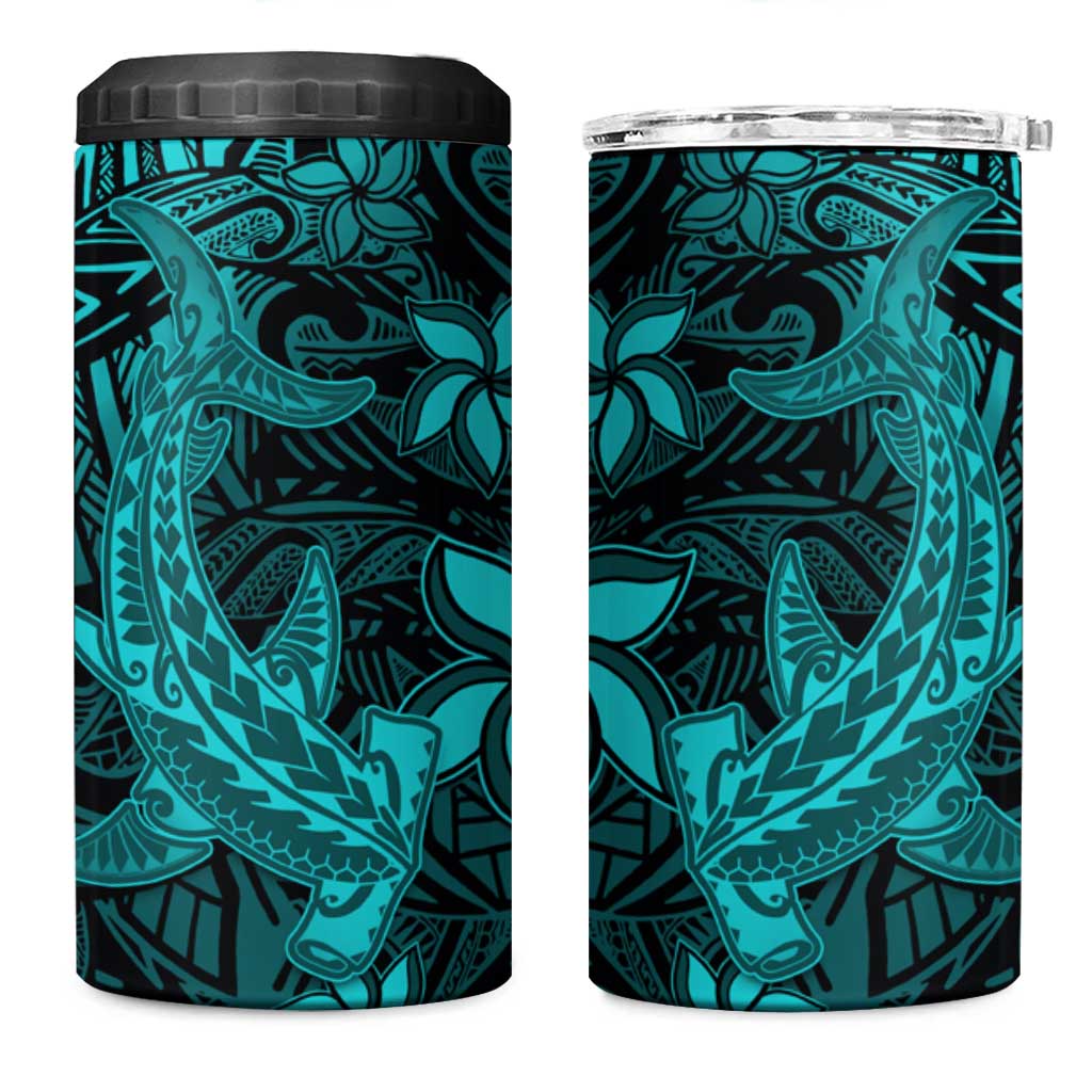 Polynesian 4 in 1 Can Cooler Tumbler Turquoise Hawaiian Tribal Hammerhead Shark