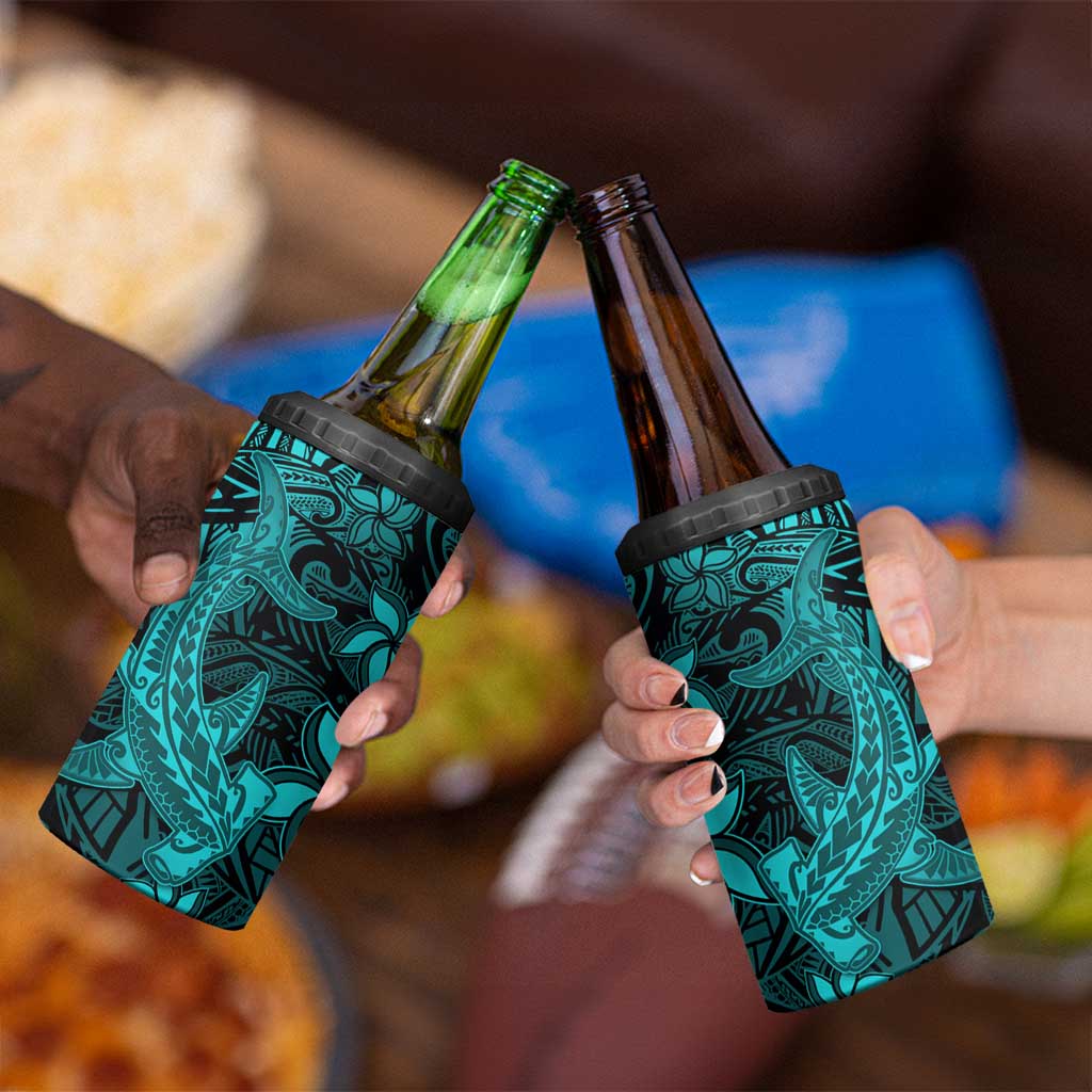 Polynesian 4 in 1 Can Cooler Tumbler Turquoise Hawaiian Tribal Hammerhead Shark
