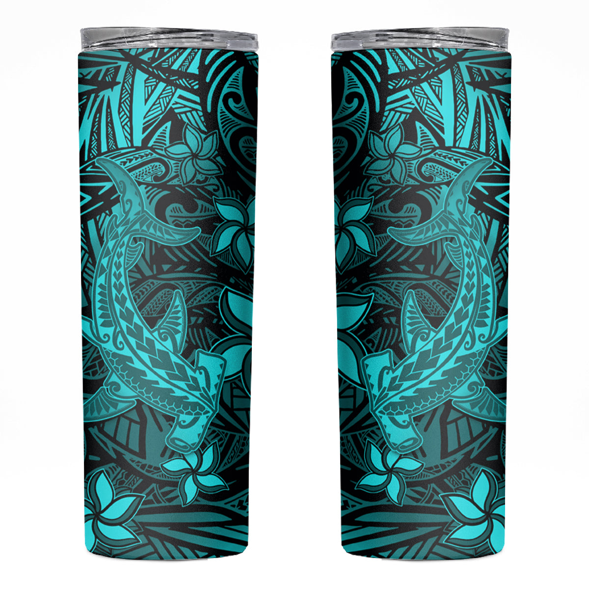 Polynesian Skinny Tumbler Turquoise Hawaiian Tribal Hammerhead Shark