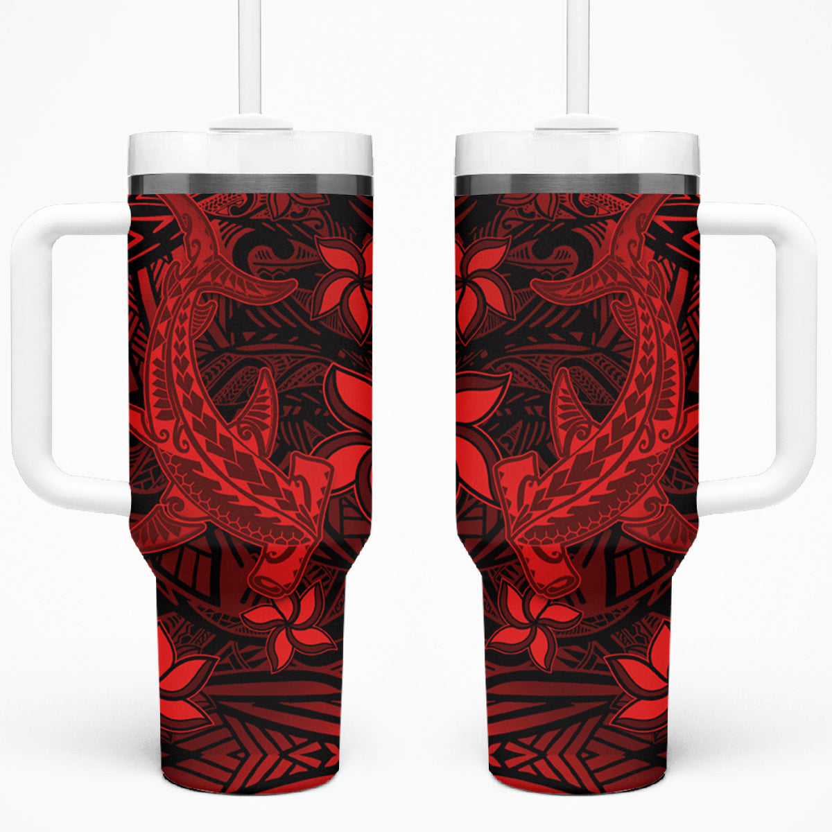 Polynesian Tumbler With Handle Red Hawaiian Tribal Hammerhead Shark