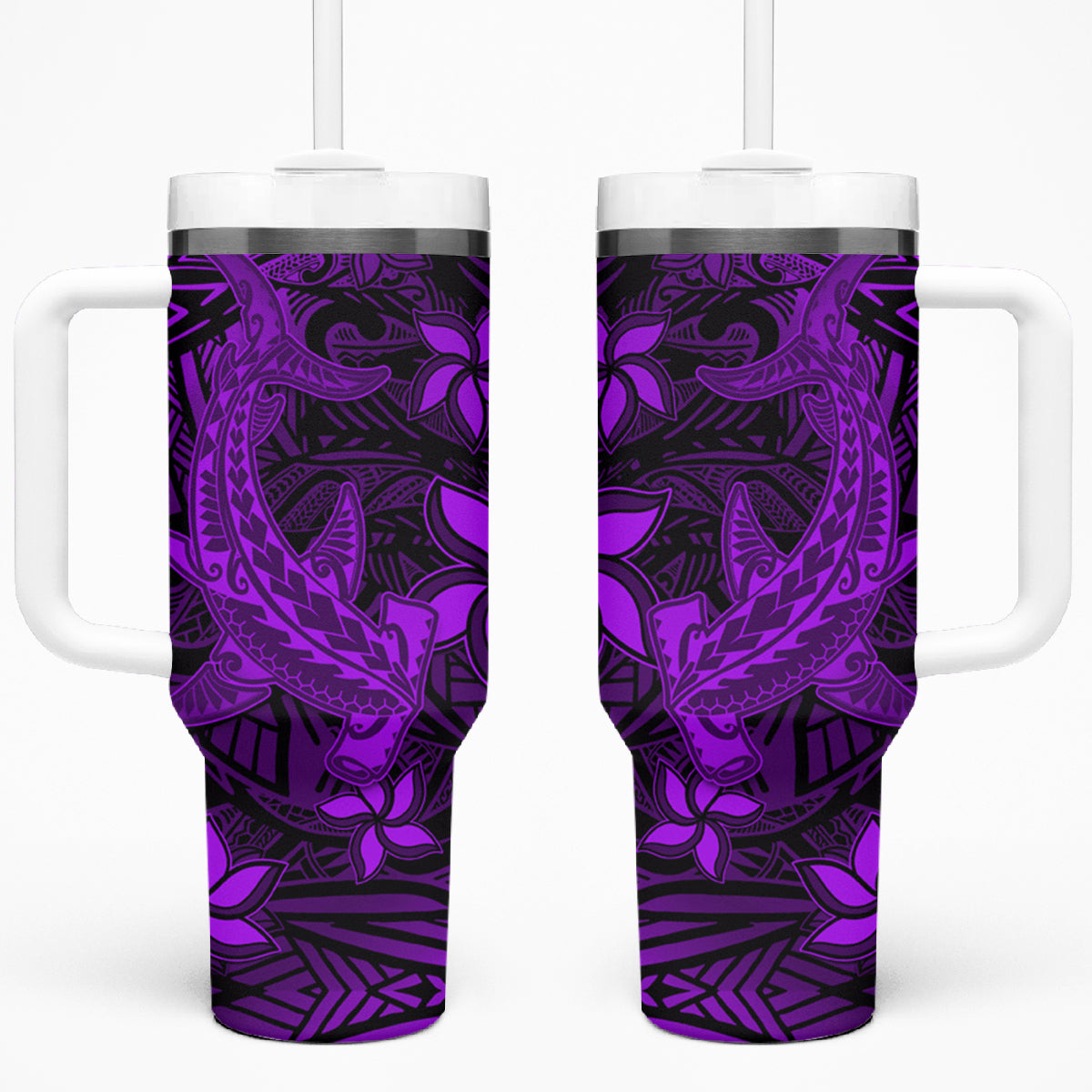 Polynesian Tumbler With Handle Purple Hawaiian Tribal Hammerhead Shark