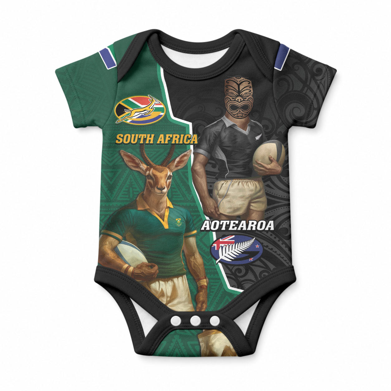 Personalised New Zealand And South Africa Rugby Baby Onesie All Black Springboks Mascots Together LT14 Green - Polynesian Pride