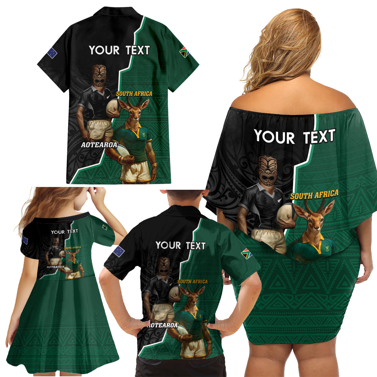 Personalised New Zealand And South Africa Rugby Family Matching Off Shoulder Short Dress and Hawaiian Shirt 2024 All Black Springboks Mascots Together
