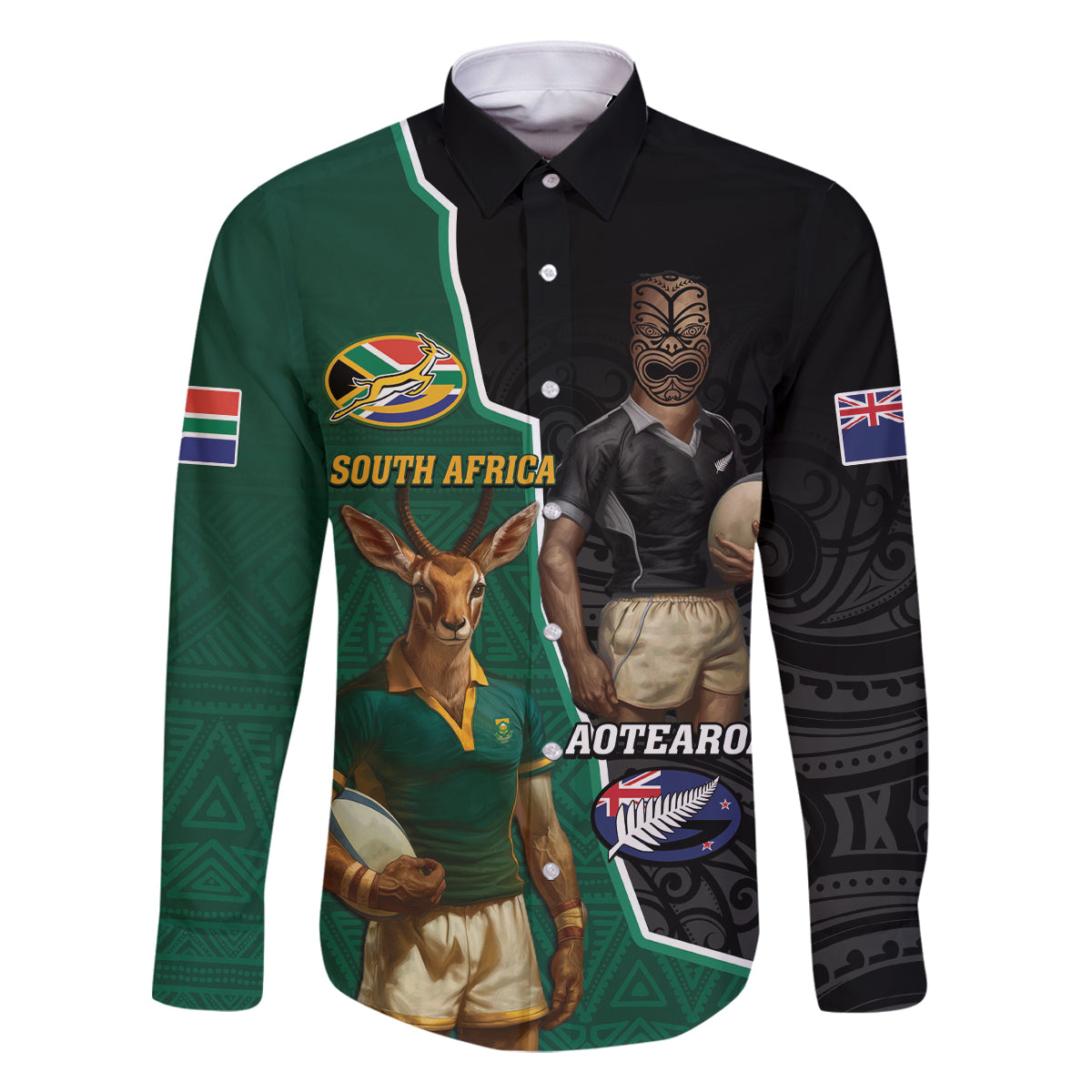 Personalised New Zealand And South Africa Rugby Family Matching Off Shoulder Short Dress and Hawaiian Shirt 2024 All Black Springboks Mascots Together