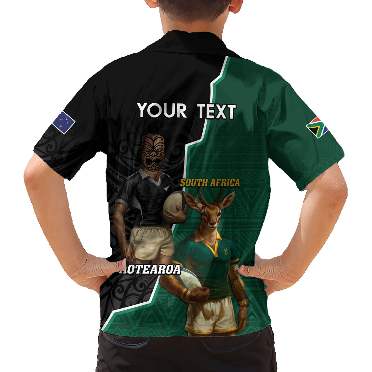 Personalised New Zealand And South Africa Rugby Kid Hawaiian Shirt 2024 All Black Springboks Mascots Together