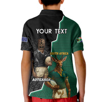 Personalised New Zealand And South Africa Rugby Kid Polo Shirt 2024 All Black Springboks Mascots Together