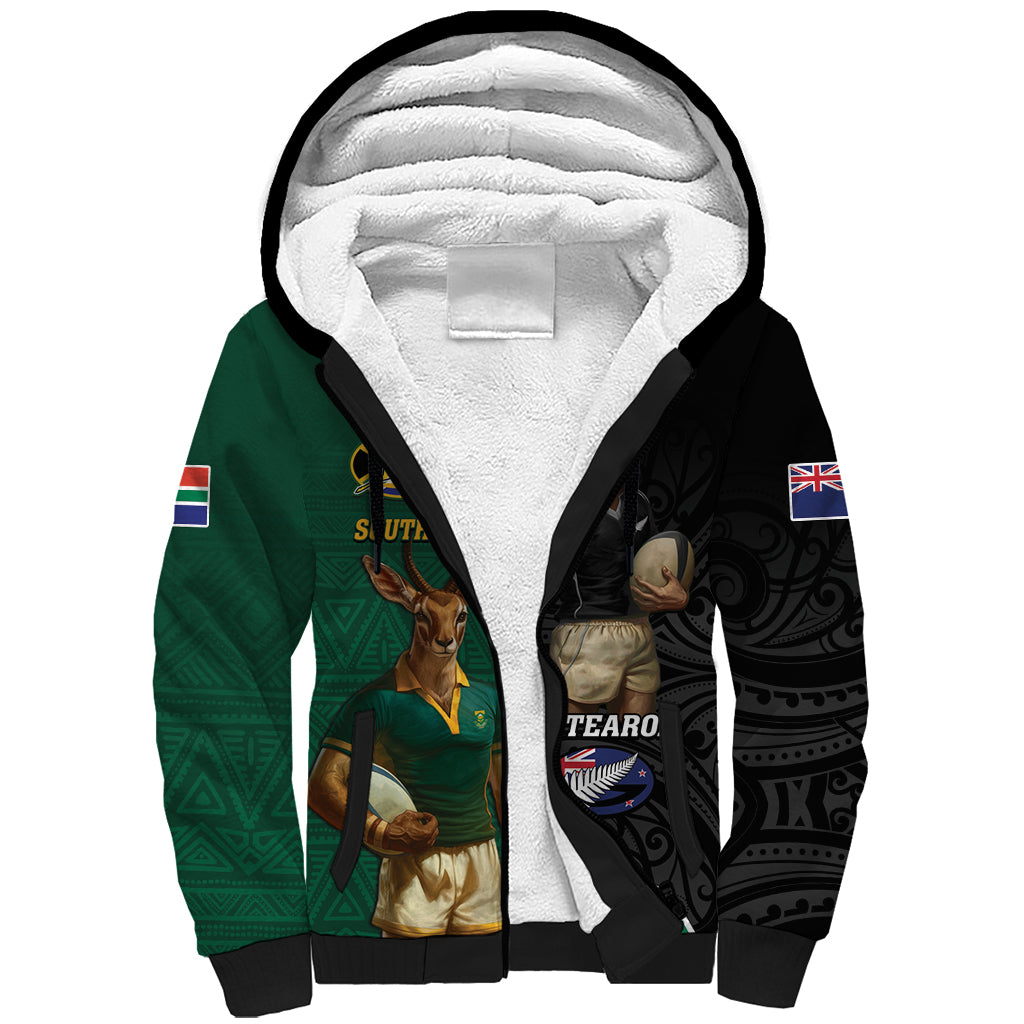 Personalised New Zealand And South Africa Rugby Sherpa Hoodie 2024 All Black Springboks Mascots Together