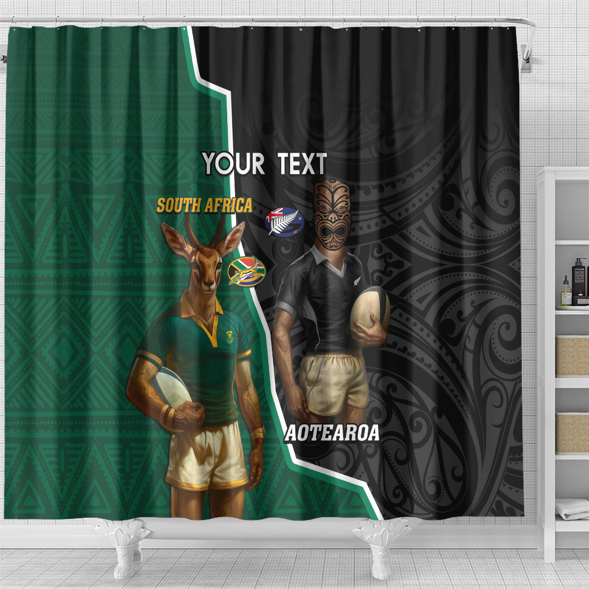 Personalised New Zealand And South Africa Rugby Shower Curtain 2024 All Black Springboks Mascots Together