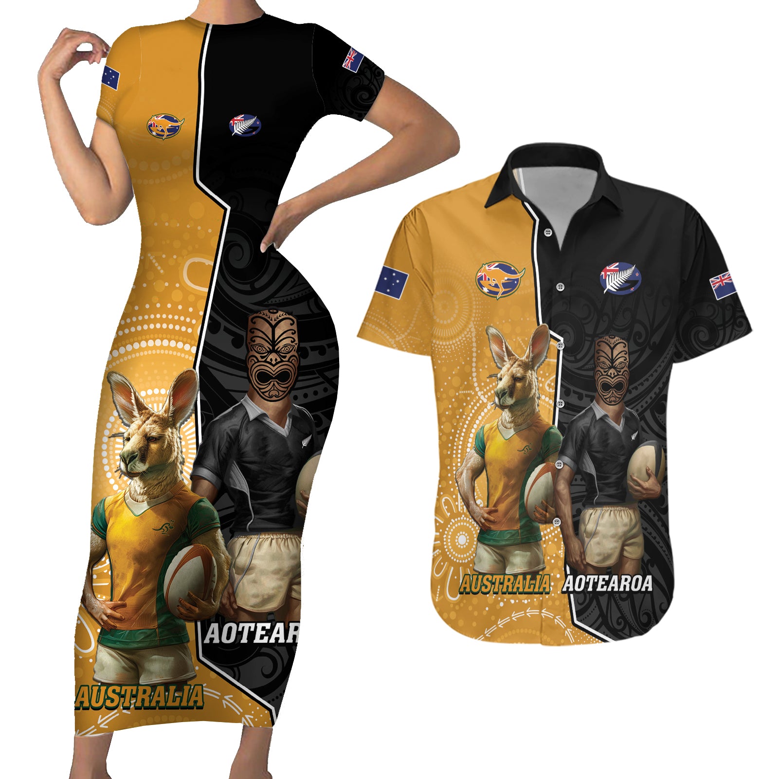 Personalised New Zealand And Australia Rugby Couples Matching Short Sleeve Bodycon Dress and Hawaiian Shirt 2024 All Black Wallabies Mascots Together