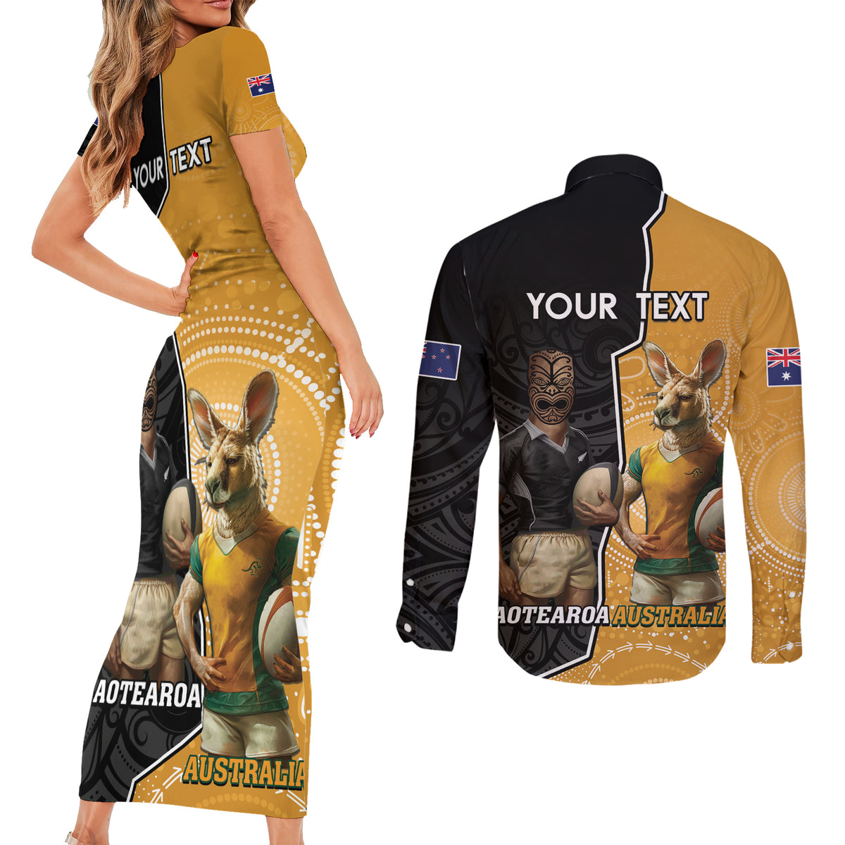 Personalised New Zealand And Australia Rugby Couples Matching Short Sleeve Bodycon Dress and Long Sleeve Button Shirt 2024 All Black Wallabies Mascots Together