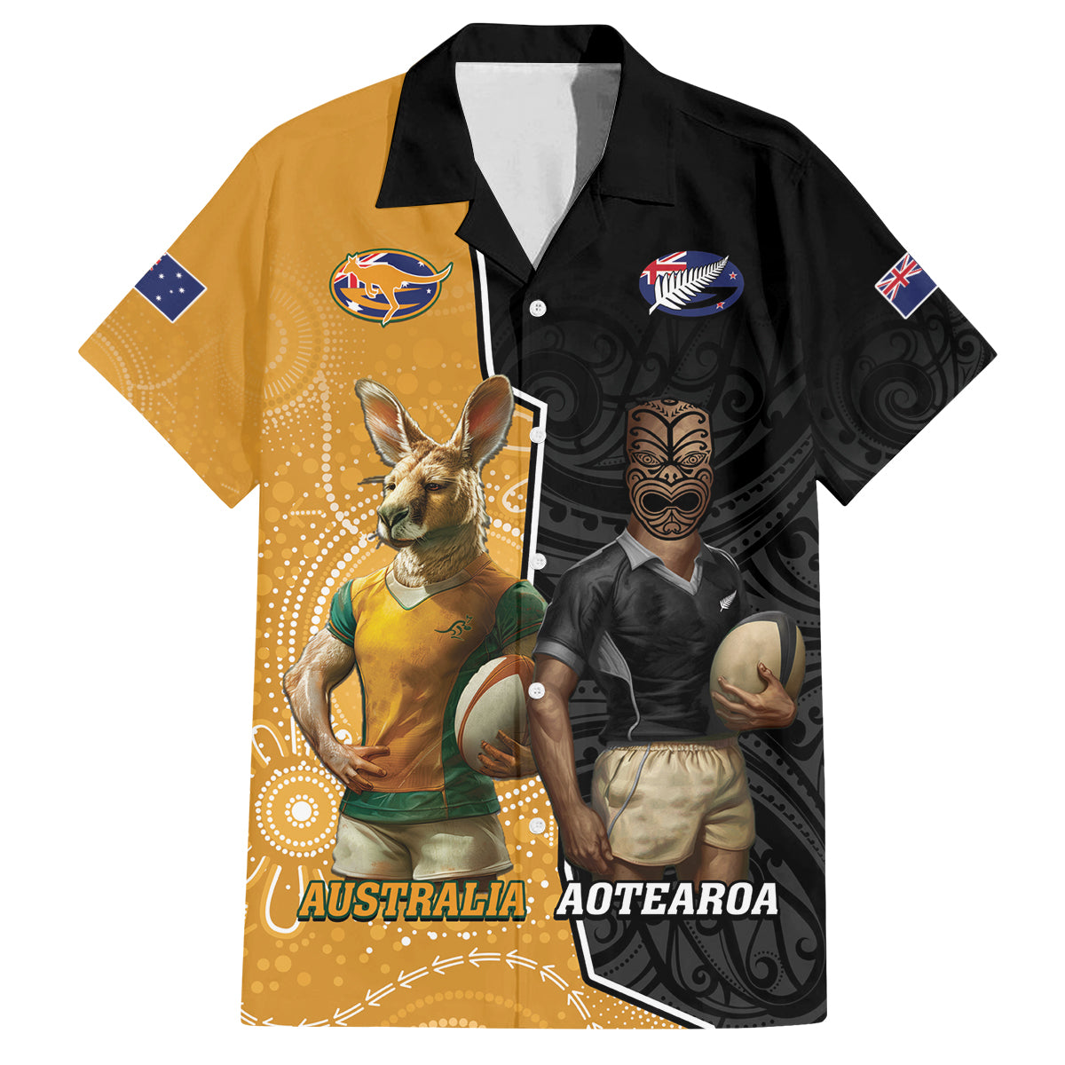 Personalised New Zealand And Australia Rugby Family Matching Off Shoulder Short Dress and Hawaiian Shirt 2024 All Black Wallabies Mascots Together