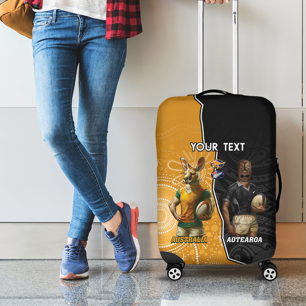 Personalised New Zealand And Australia Rugby Luggage Cover 2024 All Black Wallabies Mascots Together