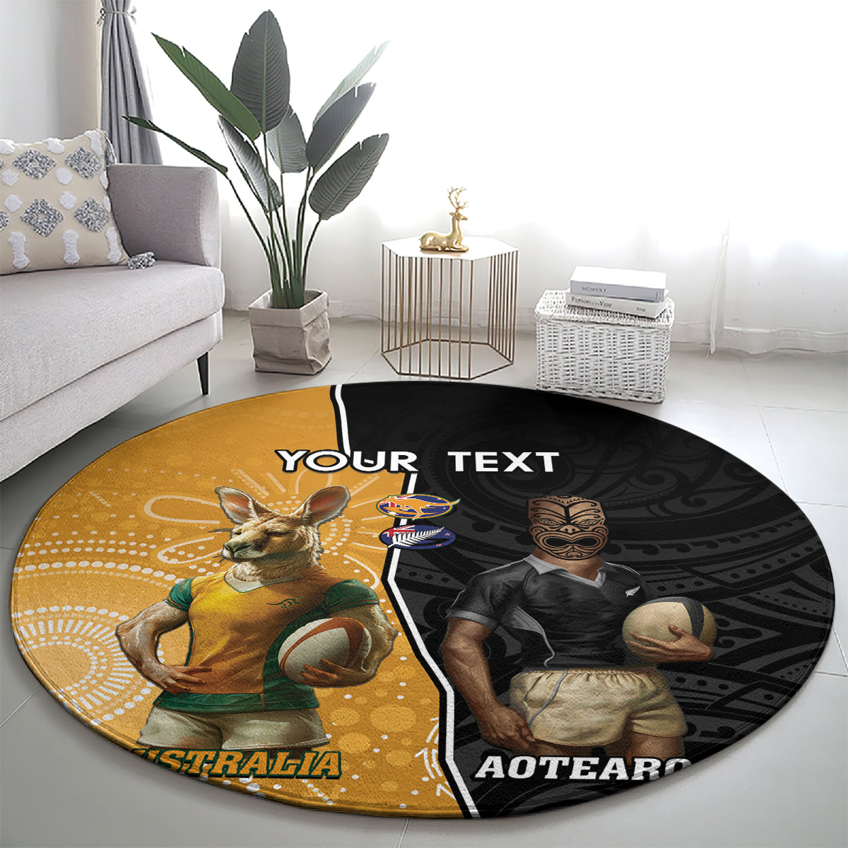 Personalised New Zealand And Australia Rugby Round Carpet 2024 All Black Wallabies Mascots Together
