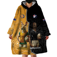 Personalised New Zealand And Australia Rugby Wearable Blanket Hoodie 2024 All Black Wallabies Mascots Together