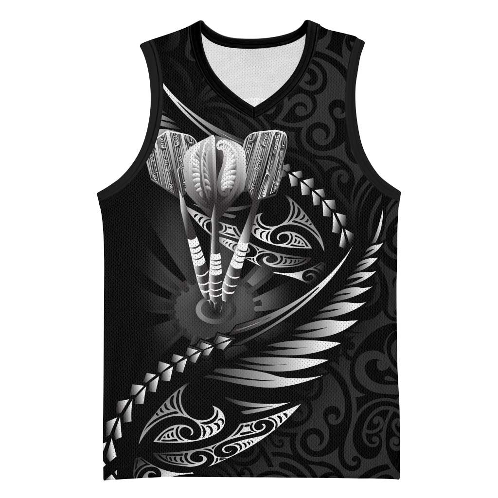 Personalised All Black New Zealand Darts Basketball Jersey Aoteroa Fern Maori Galaxy Style - Polynesian Pride