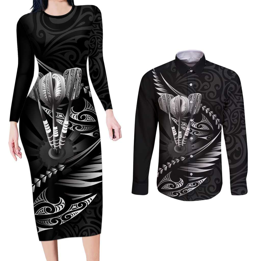 Personalised All Black New Zealand Darts Couples Matching Long Sleeve Bodycon Dress and Long Sleeve Button Shirt Aoteroa Fern Maori Galaxy Style