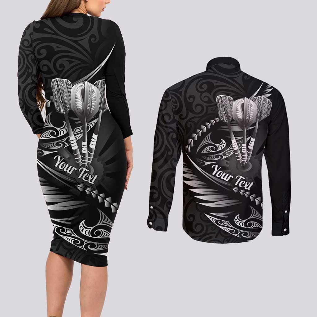 Personalised All Black New Zealand Darts Couples Matching Long Sleeve Bodycon Dress and Long Sleeve Button Shirt Aoteroa Fern Maori Galaxy Style