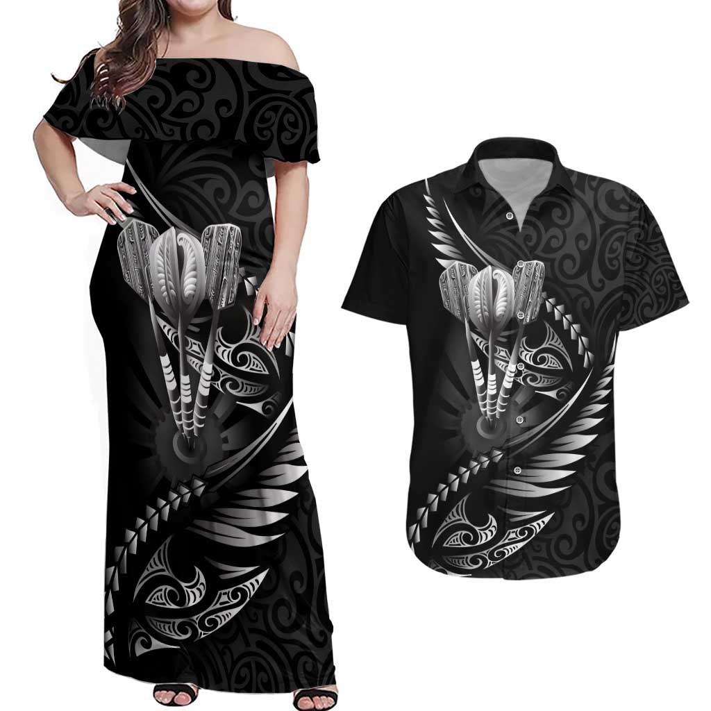 Personalised All Black New Zealand Darts Couples Matching Off Shoulder Maxi Dress and Hawaiian Shirt Aoteroa Fern Maori Galaxy Style