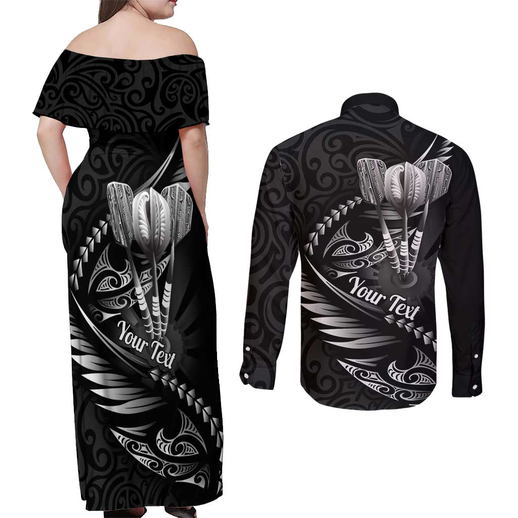 Personalised All Black New Zealand Darts Couples Matching Off Shoulder Maxi Dress and Long Sleeve Button Shirt Aoteroa Fern Maori Galaxy Style