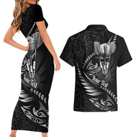 Personalised All Black New Zealand Darts Couples Matching Short Sleeve Bodycon Dress and Hawaiian Shirt Aoteroa Fern Maori Galaxy Style